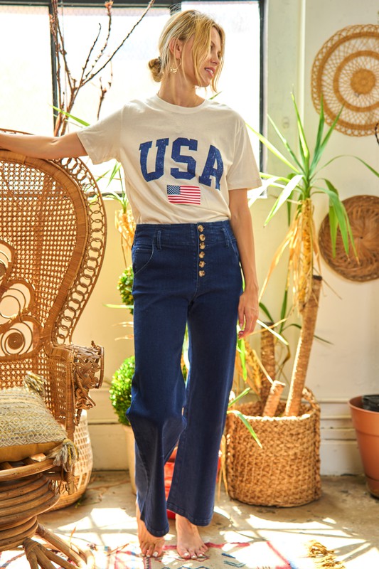 High Waisted Button Wide Leg Jeans