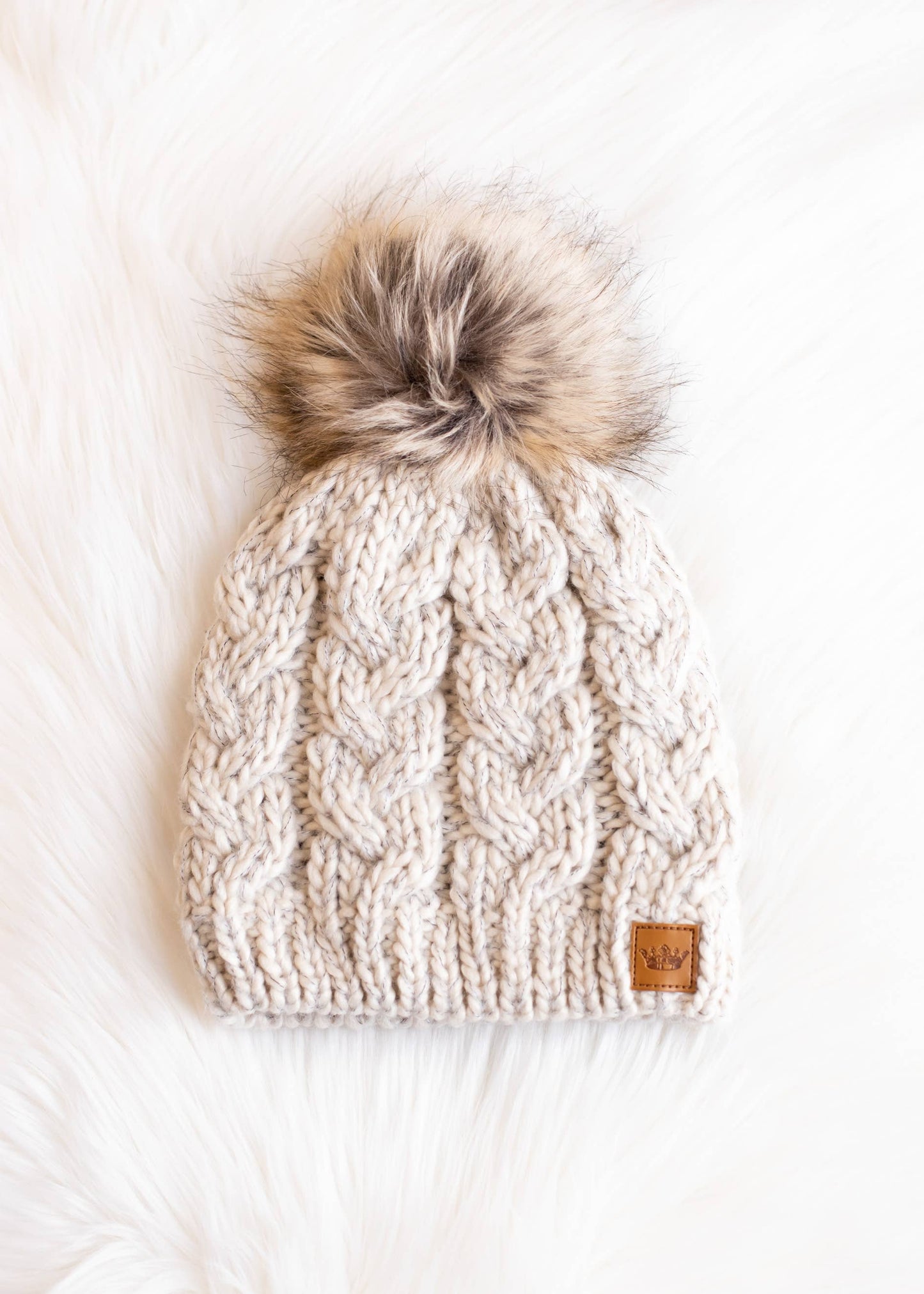 Beige Cable Knit Pom Hat