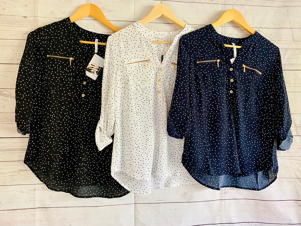 Black Polka Dot Zipper Blouse