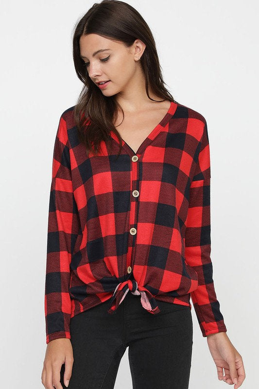 Checkered Hacci Buttoned Front Top
