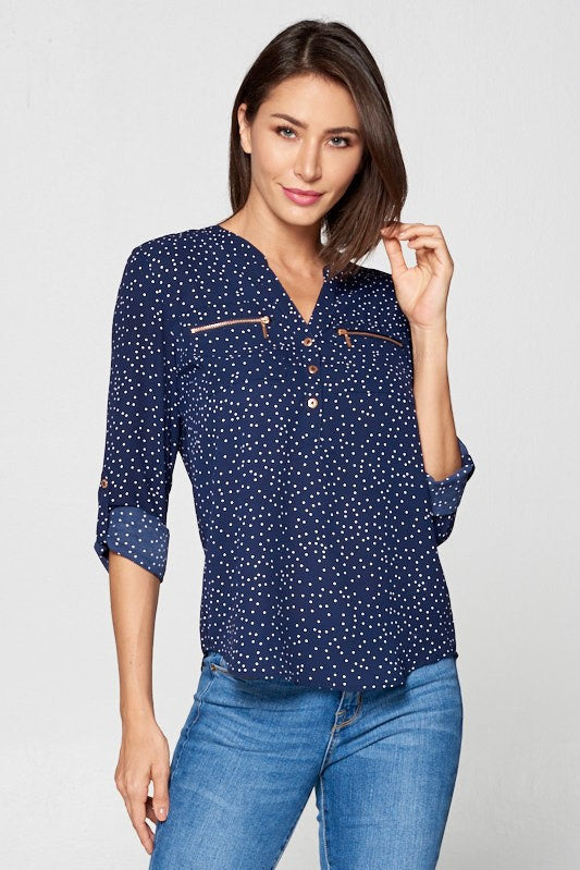 Navy Polka Dot Zipper Blouse
