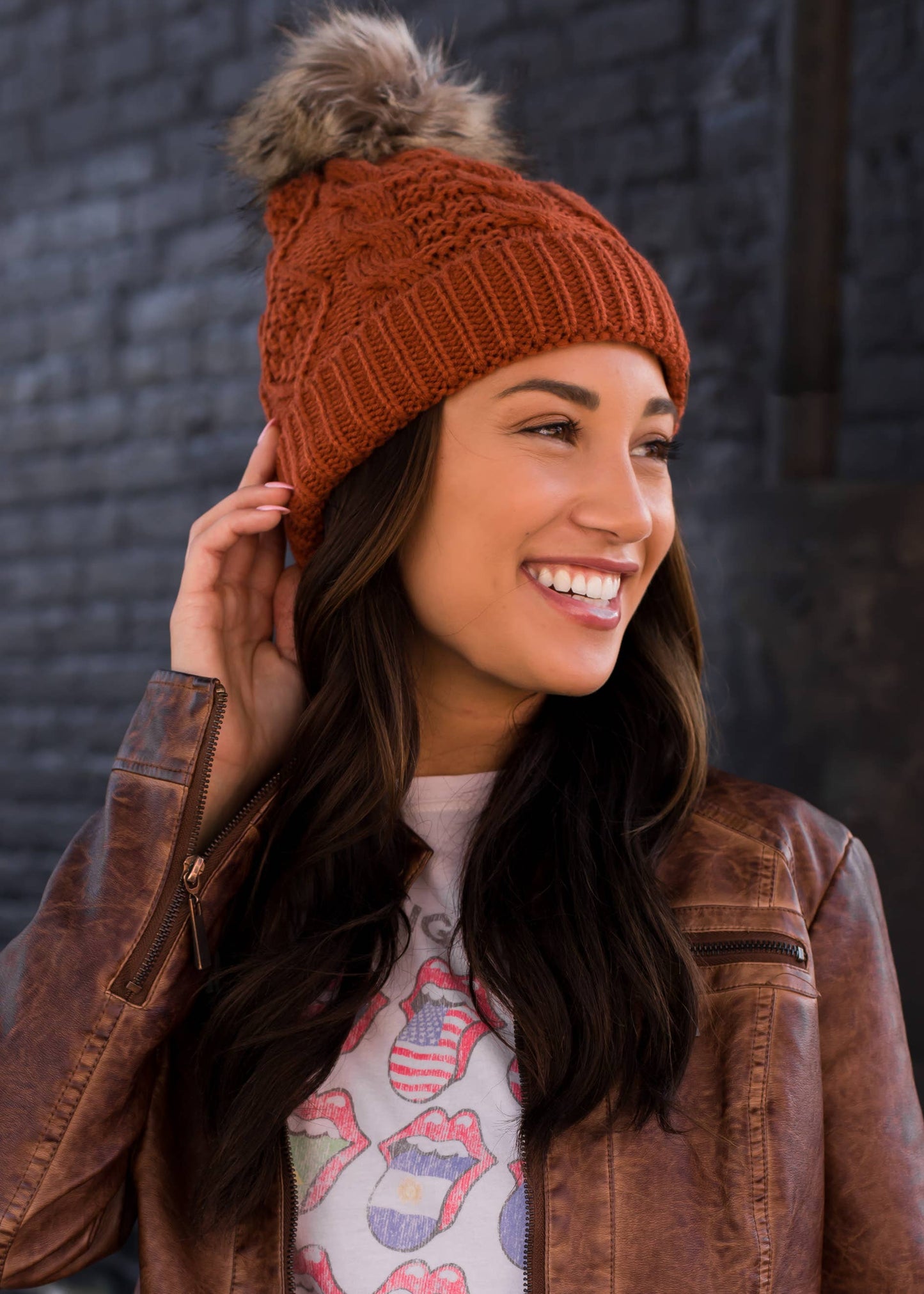 Rust Cable Knit Pom Hat