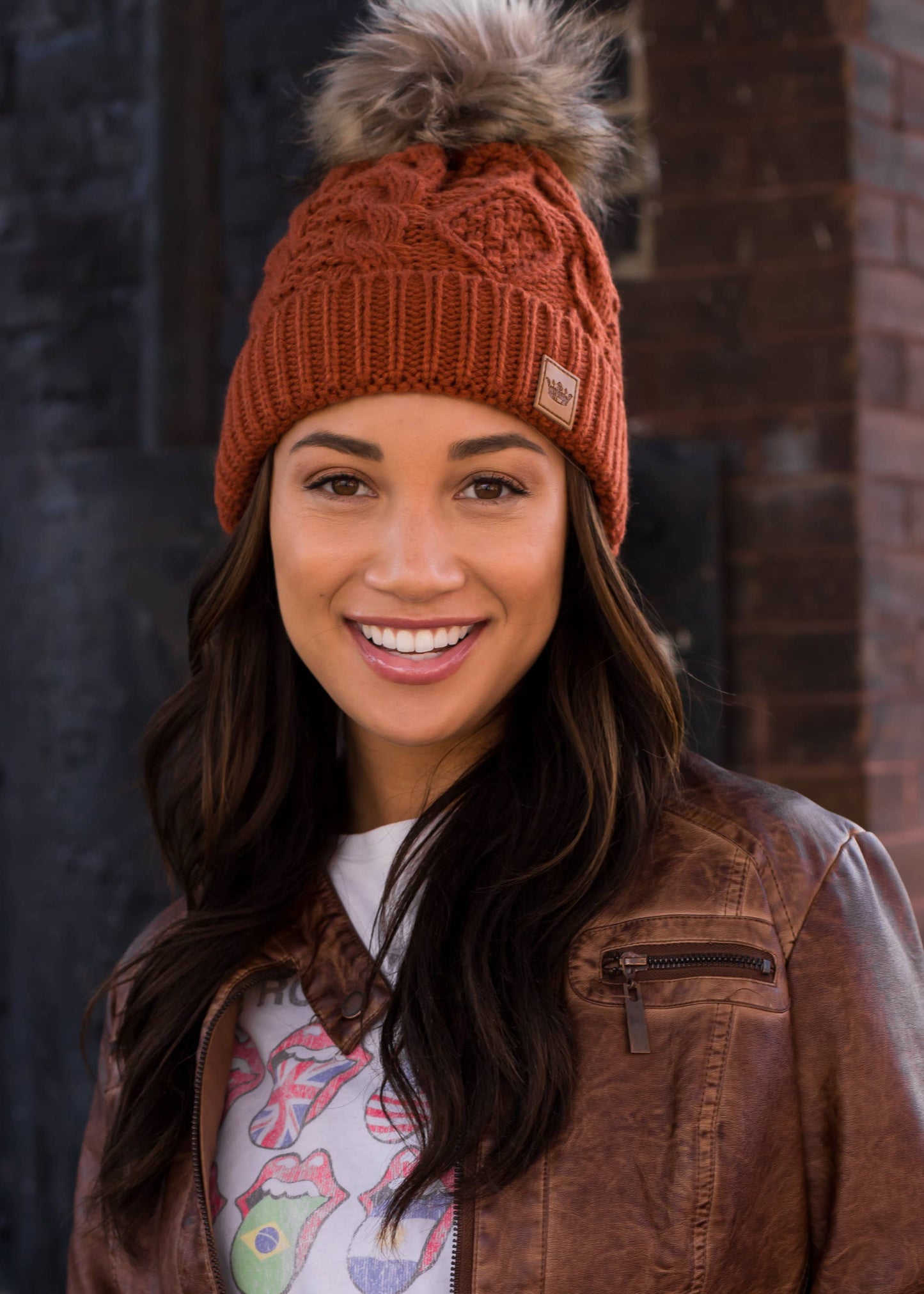 Rust Cable Knit Pom Hat