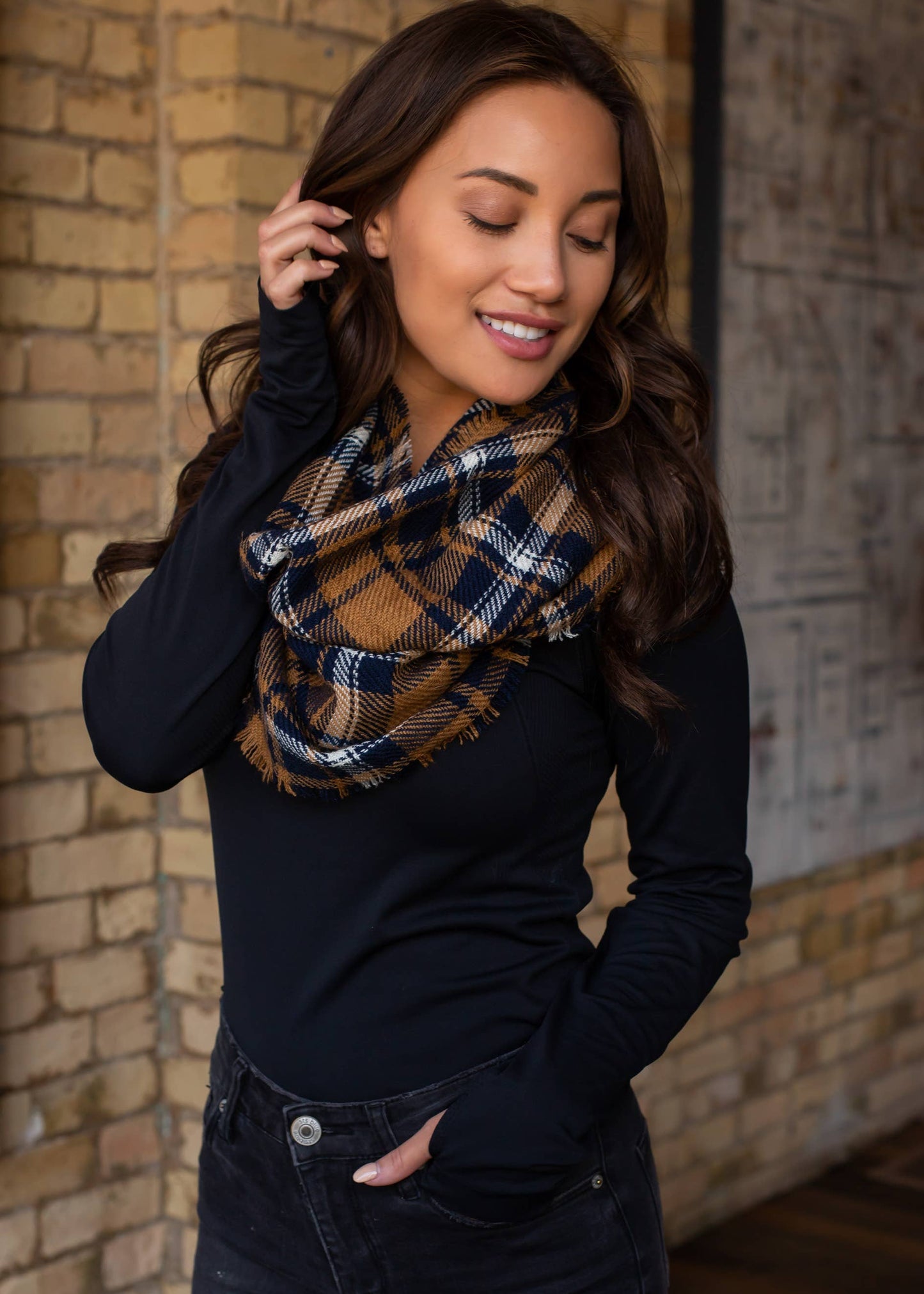 Plaid Infinity Scarf Camel Navy