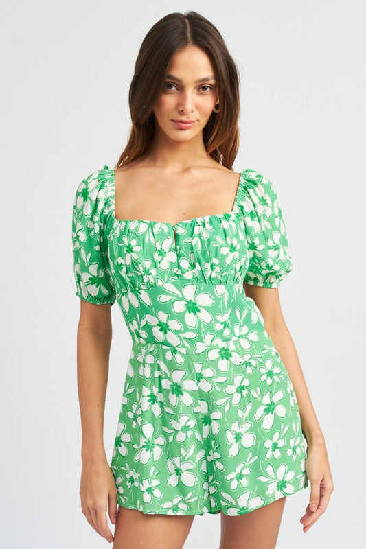 Bubble Sleeve Floral Romper