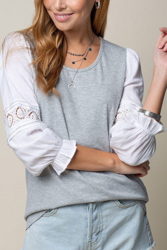 Lace Trim Pintuck Sleeve Top