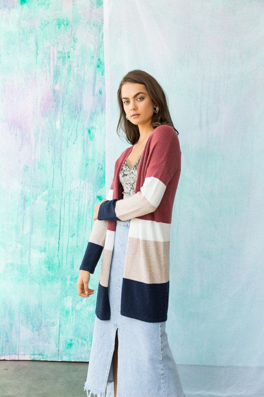 Colorblock Long Open Cardigan