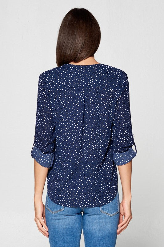 Navy Polka Dot Zipper Blouse