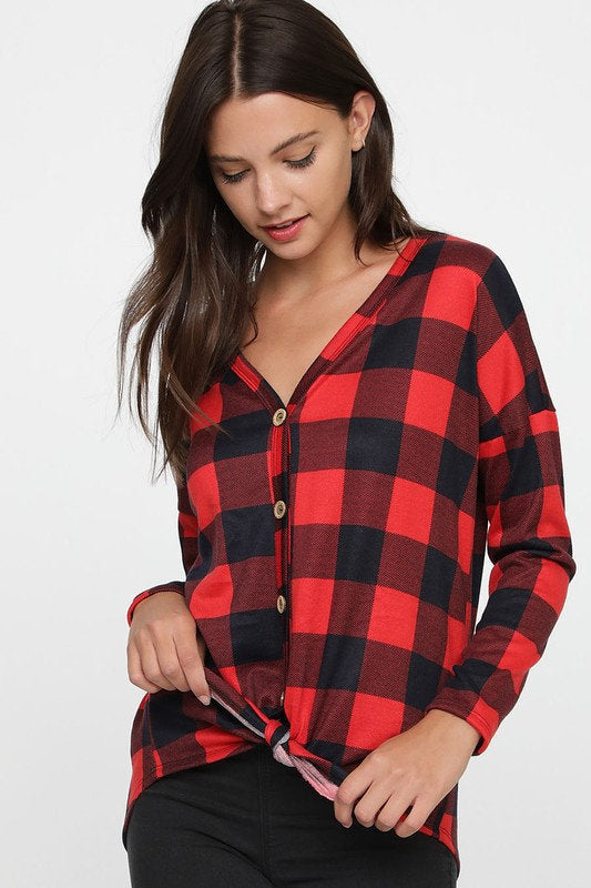 Checkered Hacci Buttoned Front Top