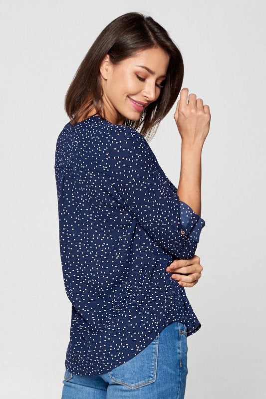 Navy Polka Dot Zipper Blouse