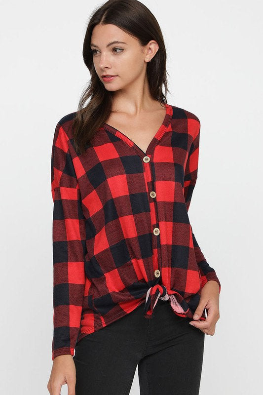 Checkered Hacci Buttoned Front Top