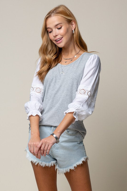 Lace Trim Pintuck Sleeve Top