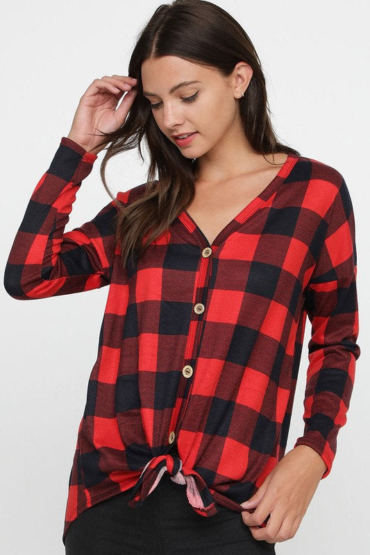 Checkered Hacci Buttoned Front Top