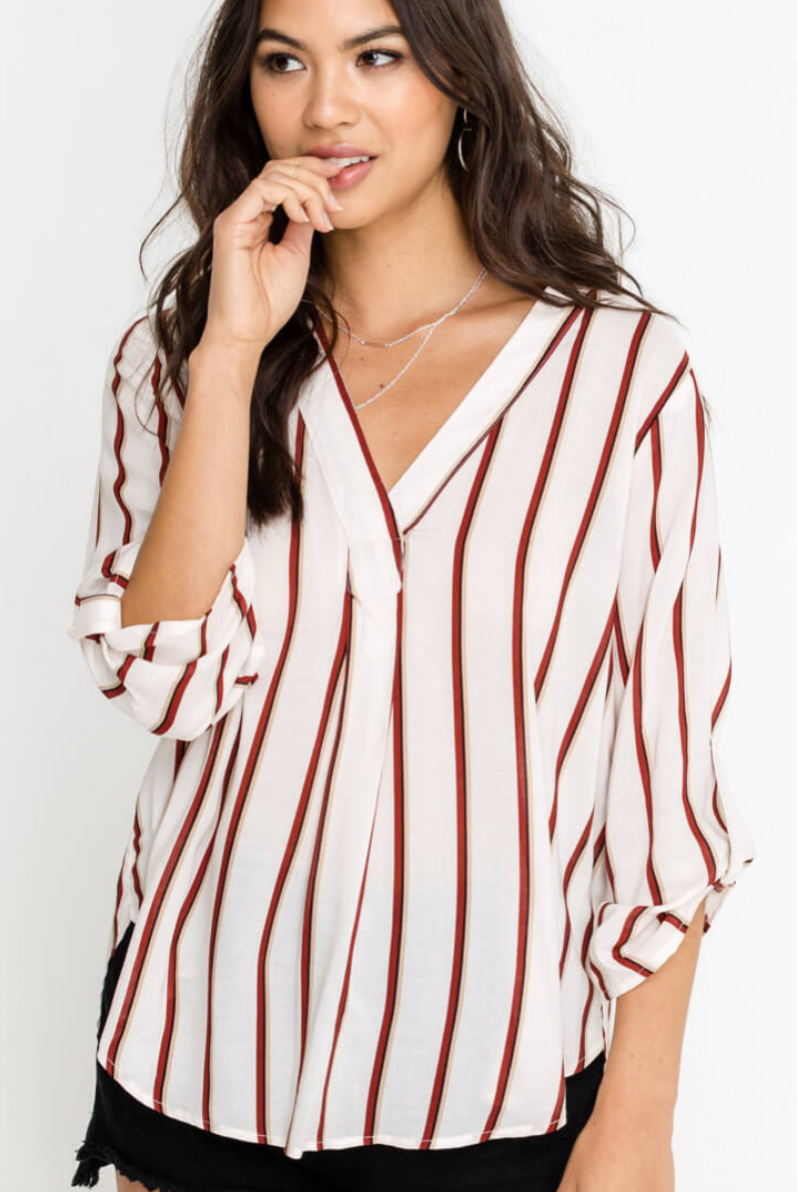 Lush Breezy Stripe V-Neck Blouse