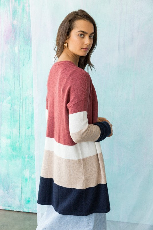 Colorblock Long Open Cardigan
