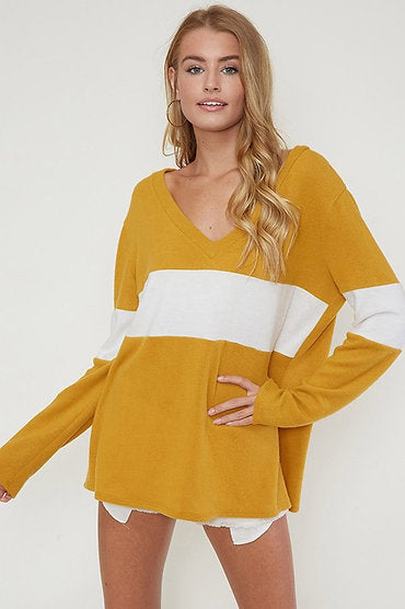 Color Block Knit Sweater Mustard