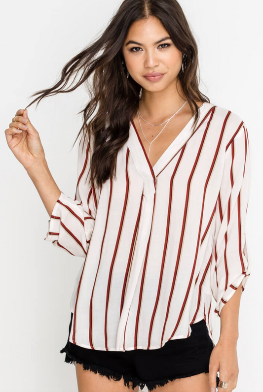 Lush Breezy Stripe V-Neck Blouse