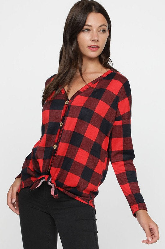 Checkered Hacci Buttoned Front Top