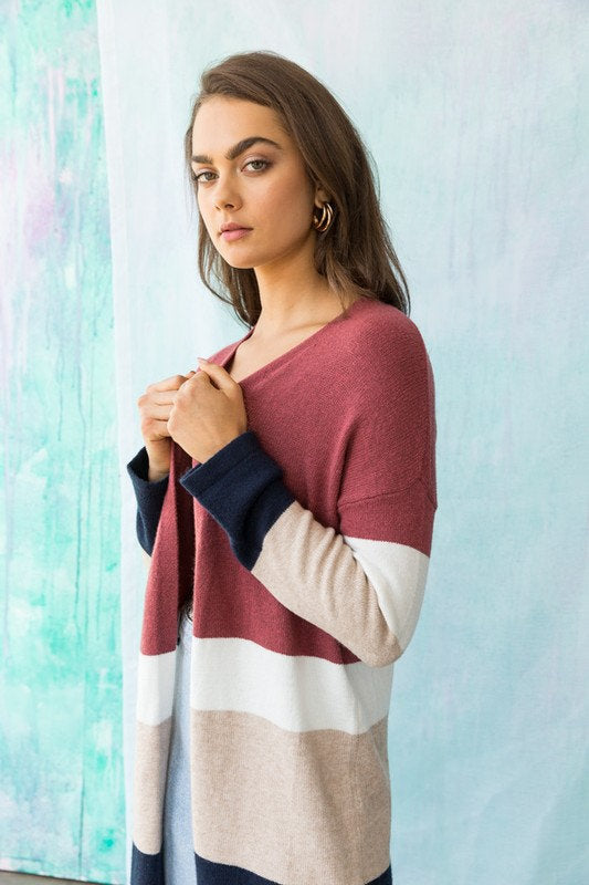 Colorblock Long Open Cardigan