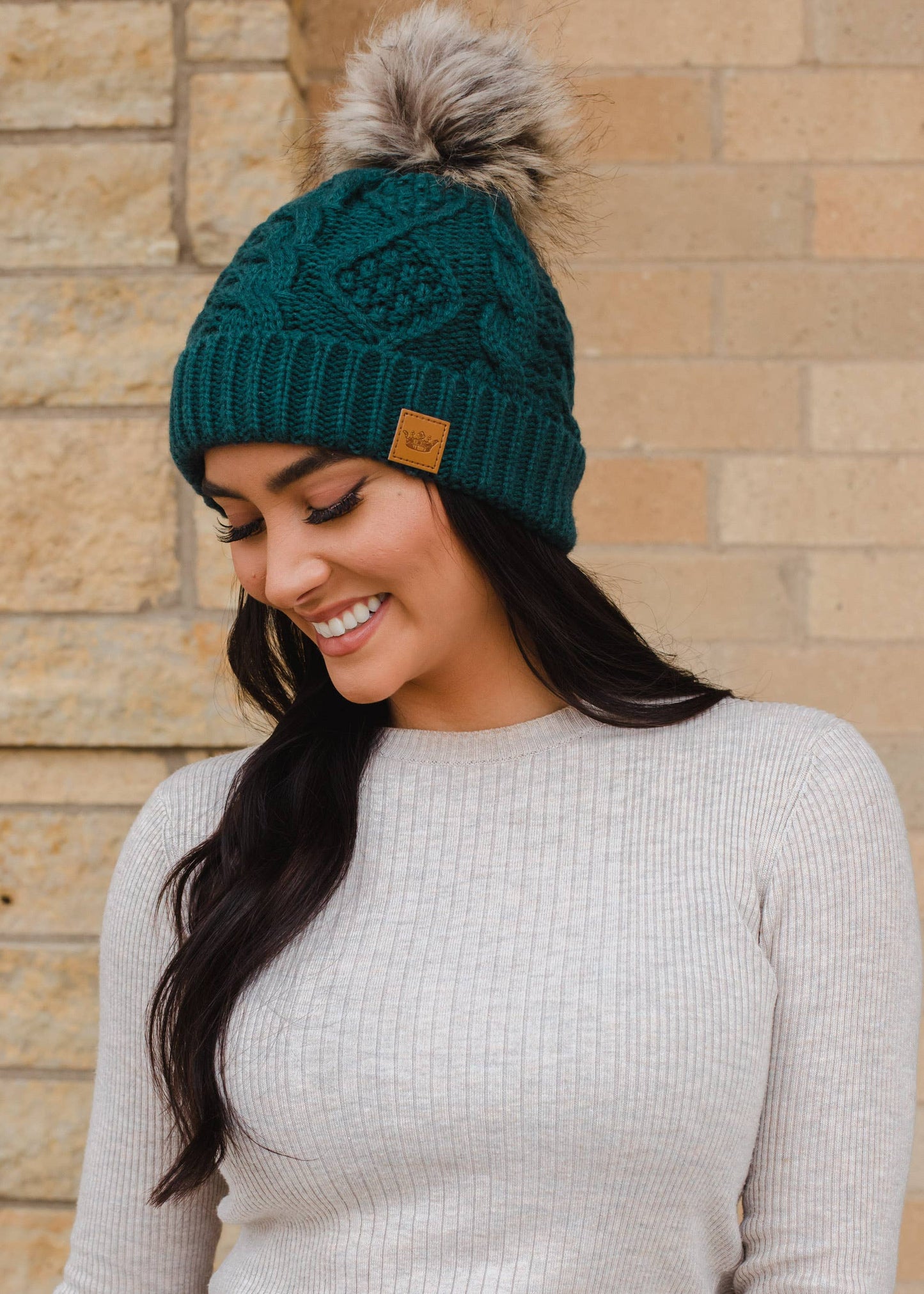 Deep Teal Cable Knit Pom Hat