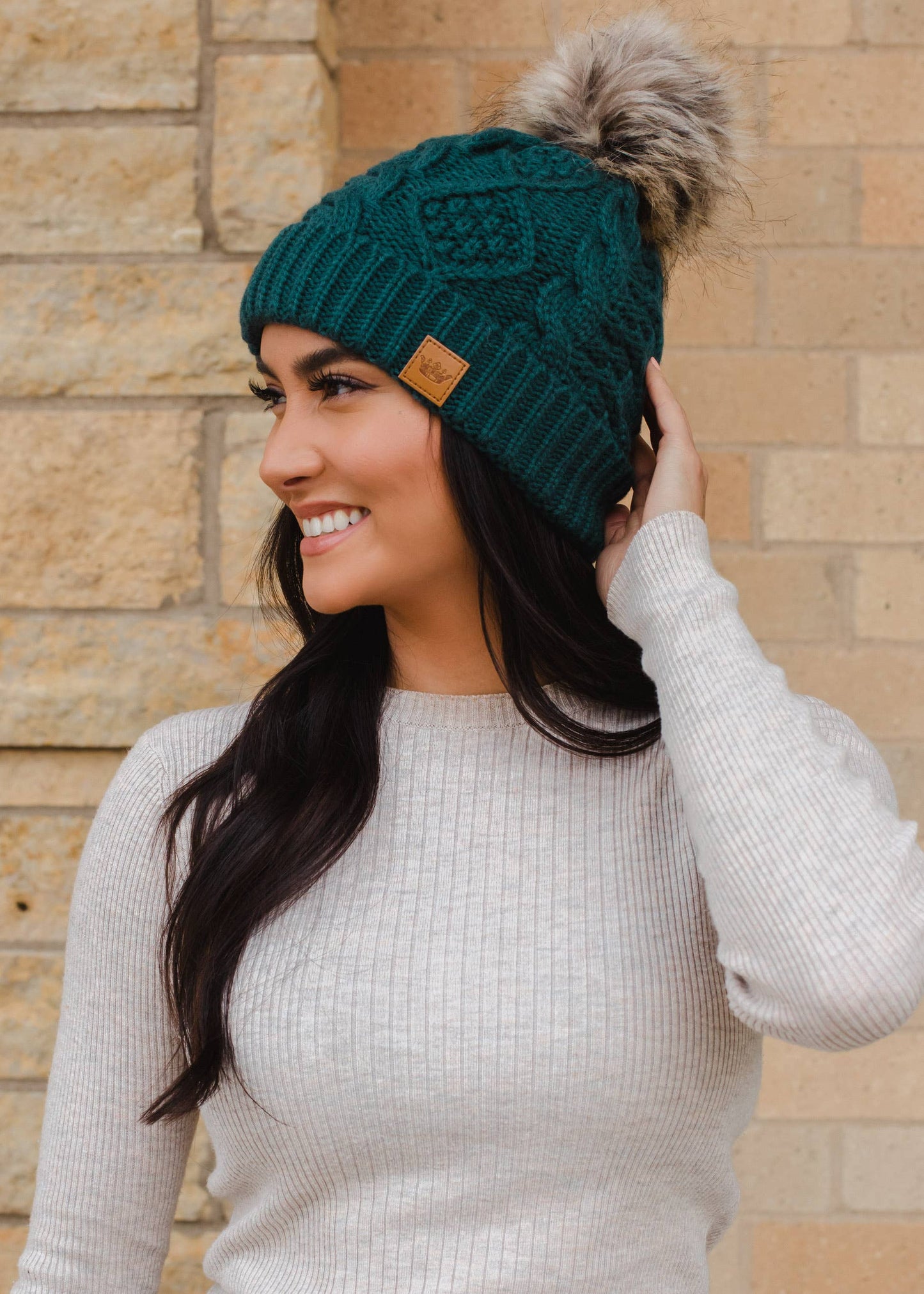 Deep Teal Cable Knit Pom Hat