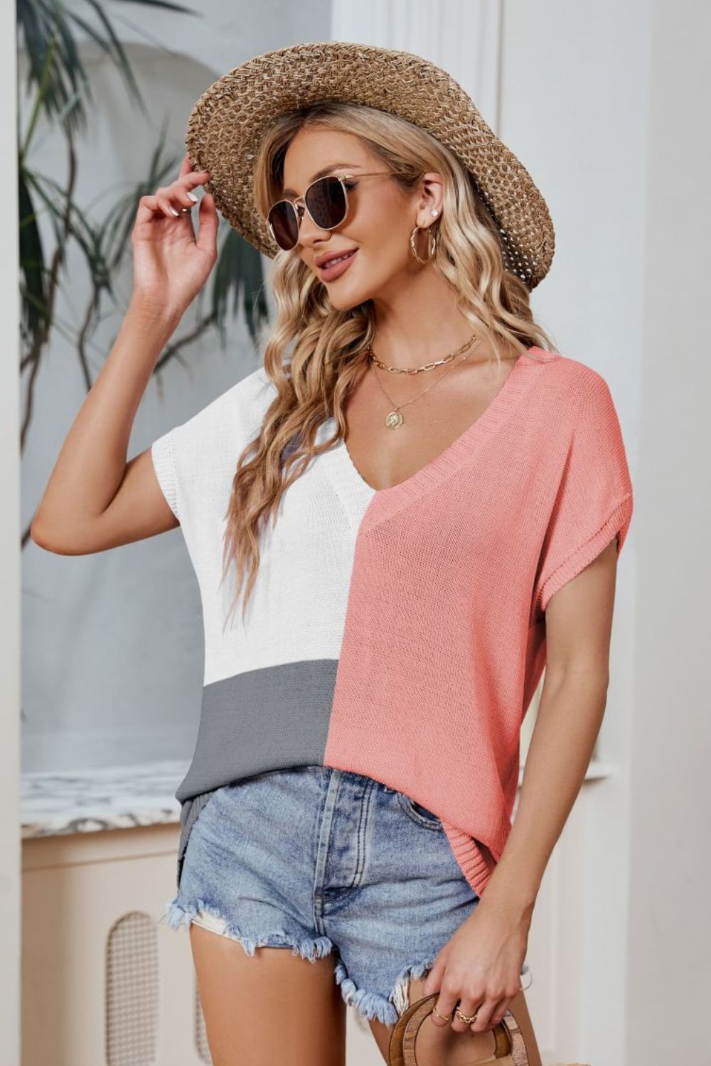 Sophia Color Block V-Neck Knit Top